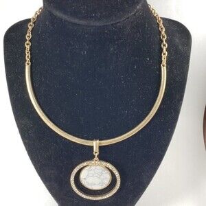 Polished Gold Plated Statement Necklace with Hoop Round Plate Rhinestone Pendant